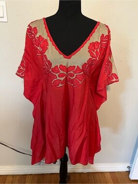 Kas New York Hot Pink V-Neck Tunic w/Beige Embroidered Mesh Detail M